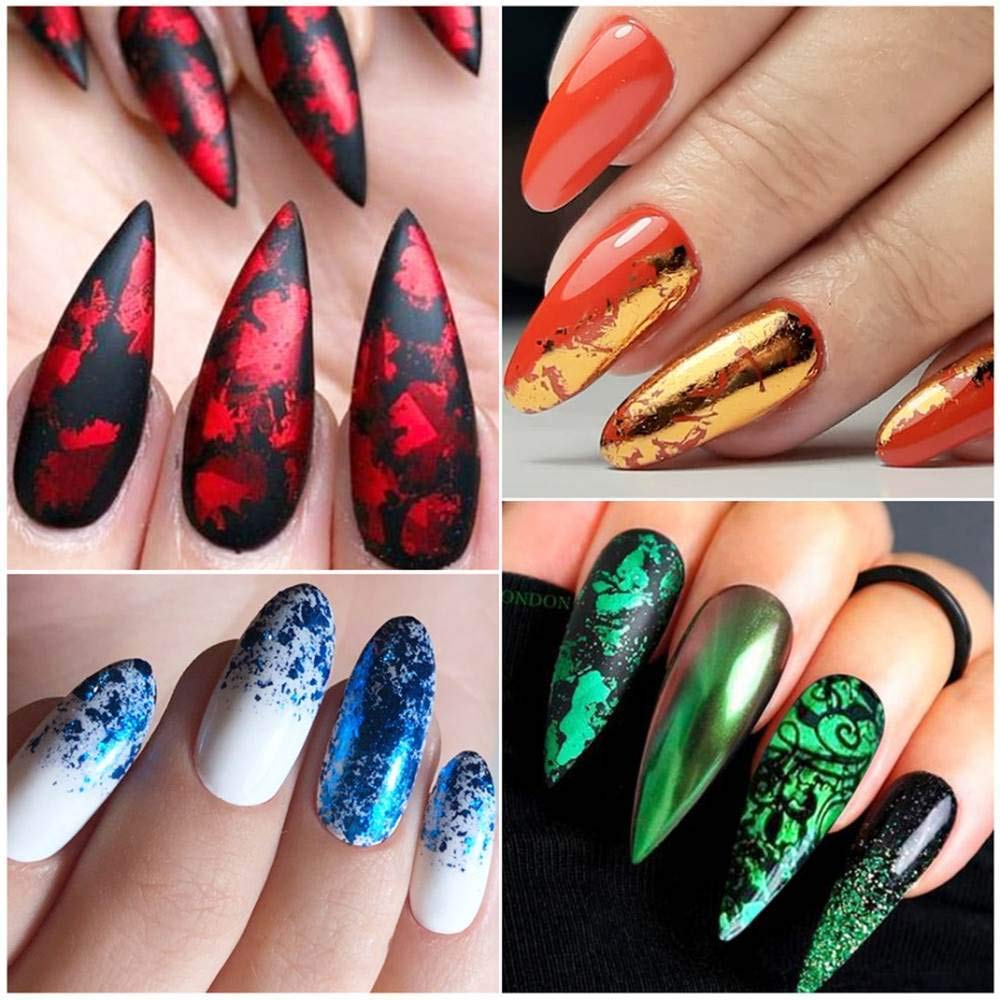 AUOCATTAIL 24 Grids Foil Nail Art Holographic Aluminum Nail Foil Flakes Stickers Nail Sequins 3D Glitter Decoration DIY Design Accessories Rainbow Nail Art Supplies Gold Nail Decals