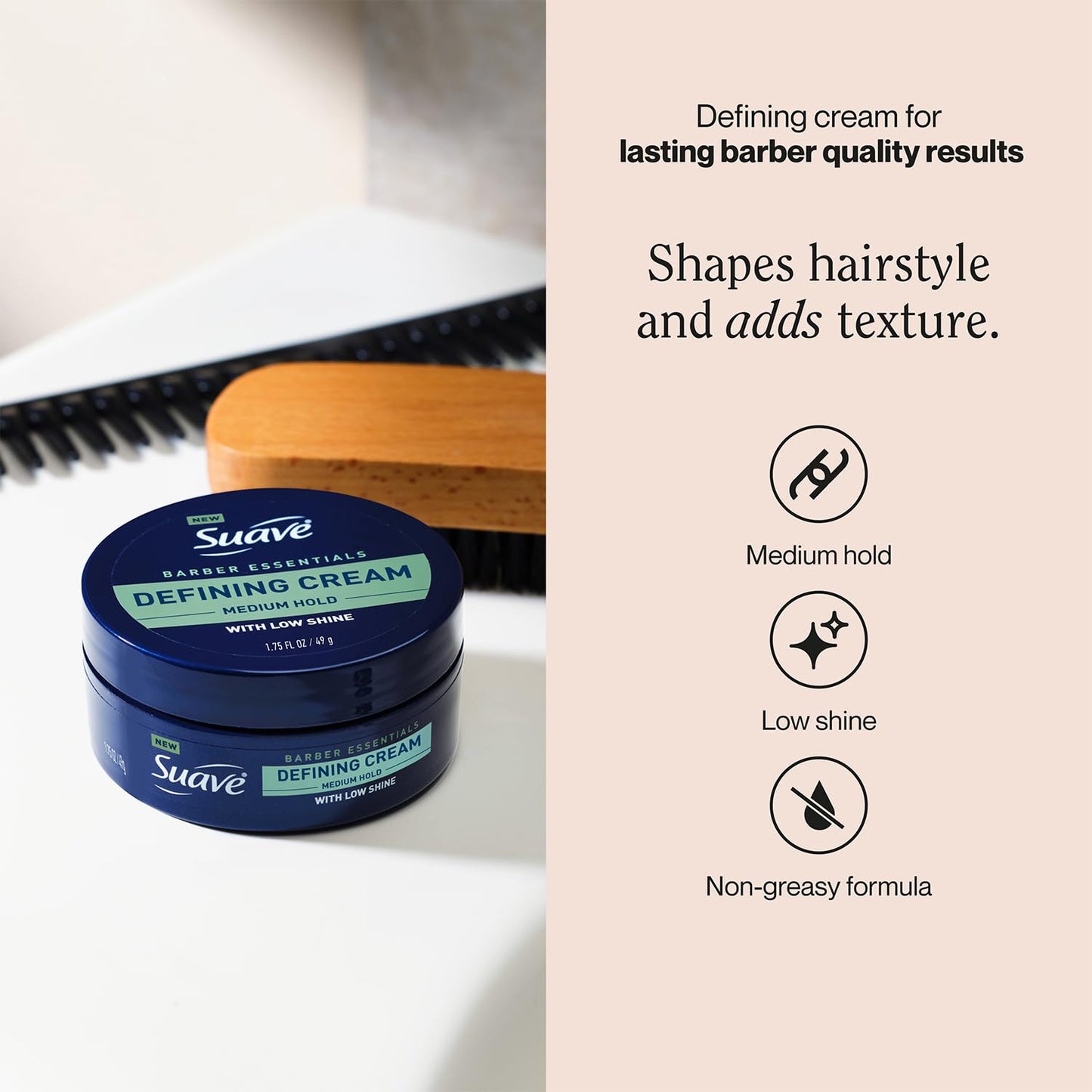 Suave+ Defining Cream for Men’s Hair Styling, 4-Pack – Medium Hold, Low Shine, Barber Essentials, 1.75 Oz Ea