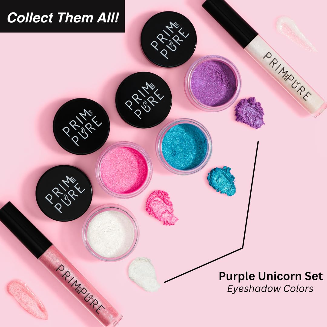 Prim and Pure Mineral Gift Set with Unicorn Mirror| Perfect for Play Dates & Birthday Parties | Kids Eyeshadow Makeup – Mineral Blush | Organic & Natural Makeup Kit for Kids| Made in USA (Purple)