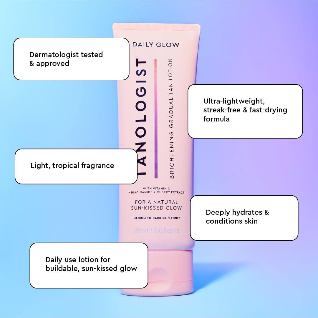 Tanologist Brightening Daily Glow Body Lotion- Medium/Dark, Gradual Tanning Lotion, No Fake Tan Smell, Streak-Free & Natural Looking Self Tanner, Vegan, 8.45 fl. oz/250 ml Tube