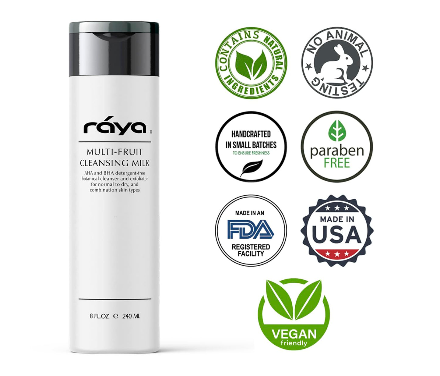 Raya Multi-Fruit Facial Cleansing Milk with AHA and BHA 8 oz (G-154) | Exfoliating Soap-Free Cleanser and Make-Up Remover for Dry and Combo Skin | Made with Multi-Fruit Alpha and Beta Hydroxy Acids