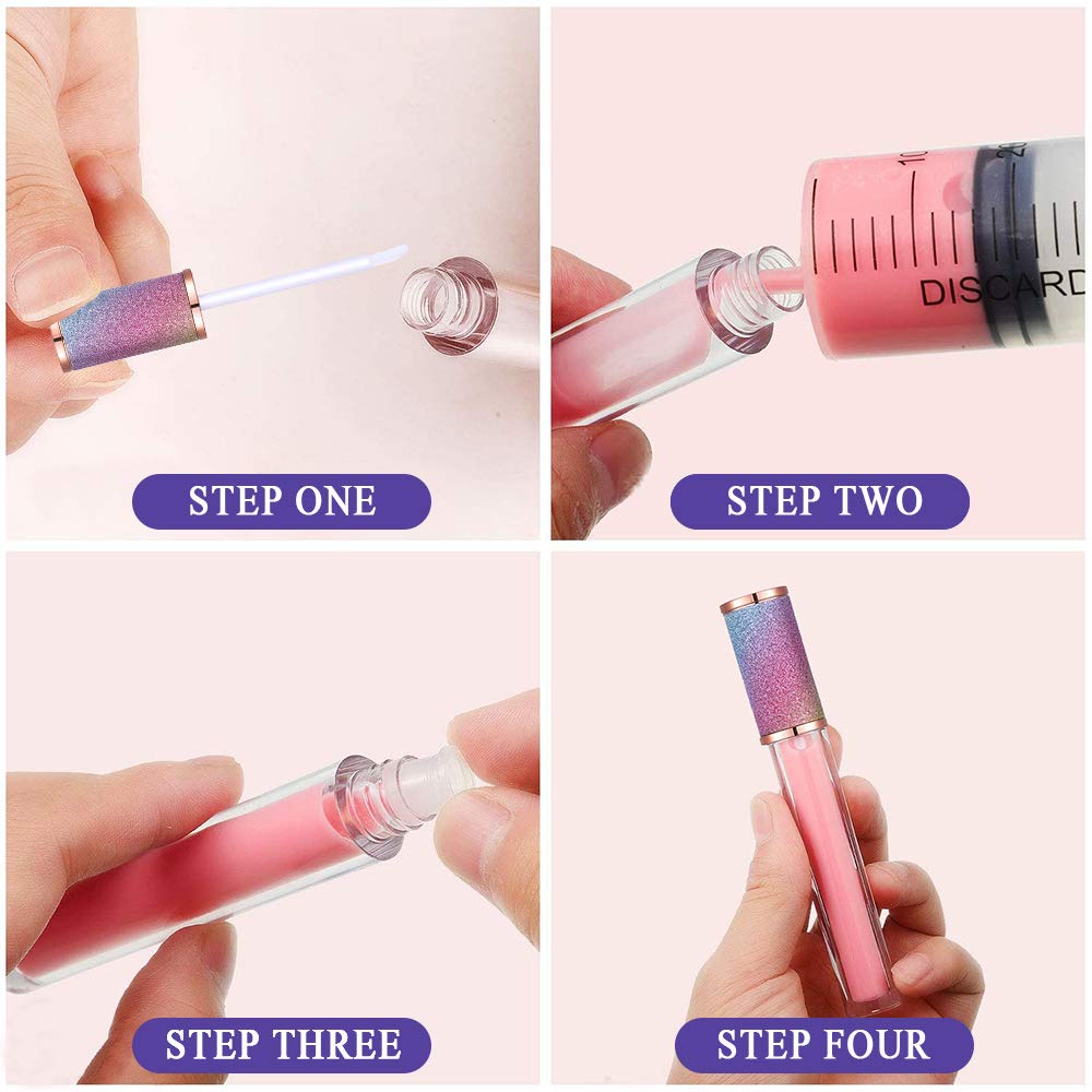 AMORIX 72pcs 5ml Diamond Lip Gloss Tubes With Wand - Empty Rhinestone Containers, Crystal Bottles, Supplies Kit - 4 Syringes + Labels for DIY Base