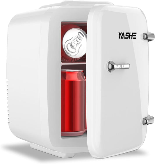YASHE Mini Fridge, 4 Liter/6 Cans Small Refrigerator for Skincare, 110V AC/ 12V DC Thermoelectric Cooler and Warmer for Drink Office Dorm Bedroom Car, White