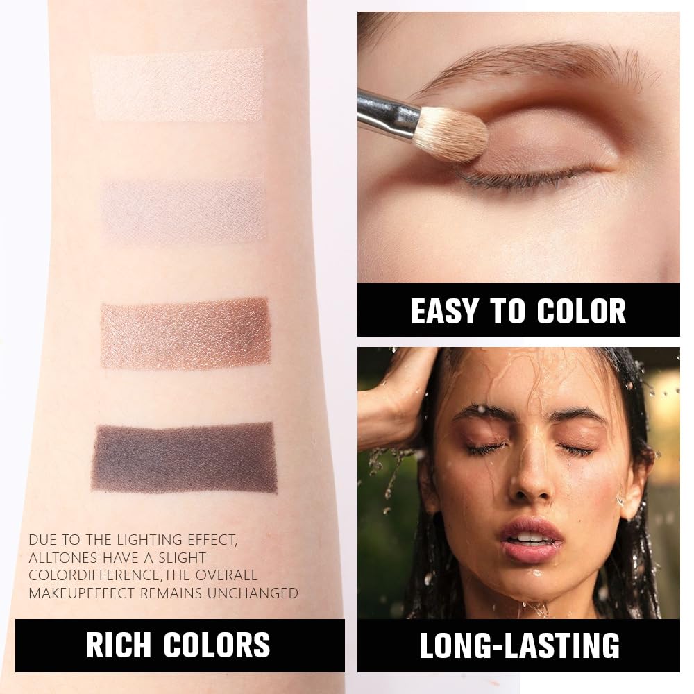4 Colors Light Beige Gray Brown Black Eye Shadow Powder Palette Makeup, Neutral Matte Shimmer Cream Quads Eyeshadow Palette for Women Highly Pigmented Waterproof, paleta de sombras de ojos, Vegan, 07