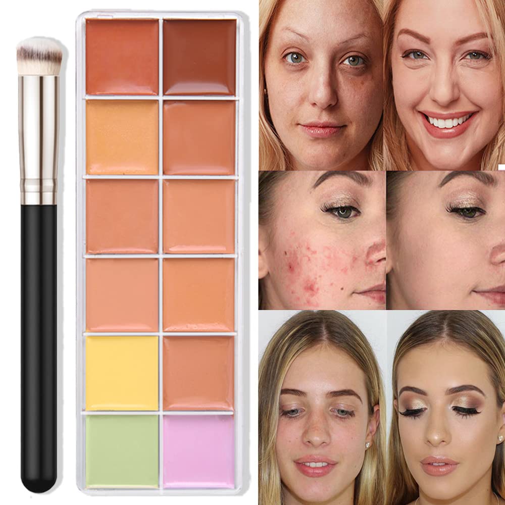 12 Color Correcting Concealer Palette With Concealer Brush, Cream Contouring Makeup Kit, Tattoo Concealer, Corrects Dark Circles Red Marks Scars Light Mediumor creamy concealer B1