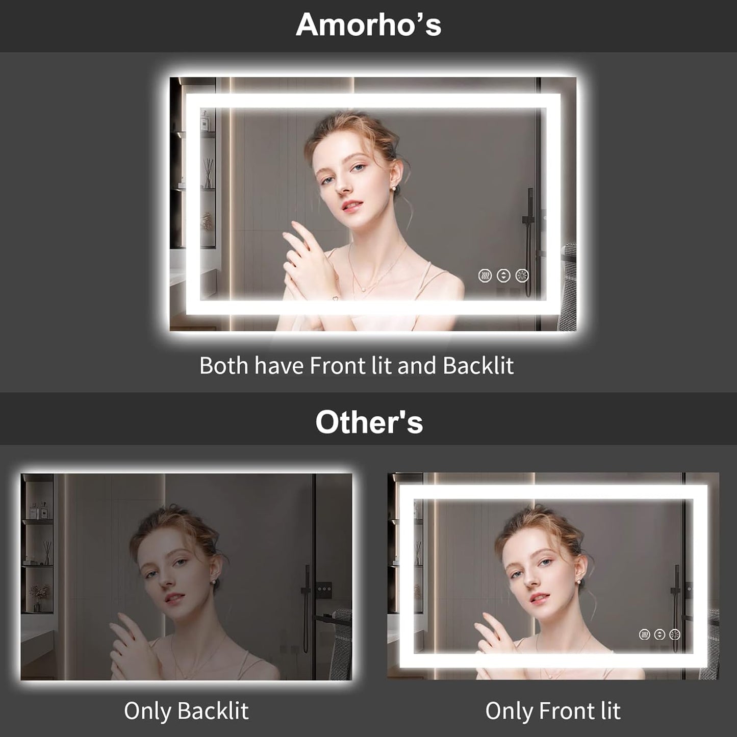 Amorho LED Bathroom Mirror 72" X36" with Front Light and Backlit, Large Wall Mirrors with Anti-Fog, Dimmable, Shatter-Proof, Memory, 3 Colors, Mountable LED Vanity Mirror
