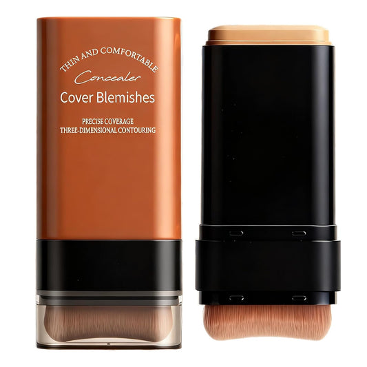 Face Foundation Concealer Stick,2-in-1 Long-wear Lightweight Contour Brighten Stick Blemish with Brush, Waterproof, Hydrating Full Coverage Dark Circles & Blemishes(01#Ivory White)