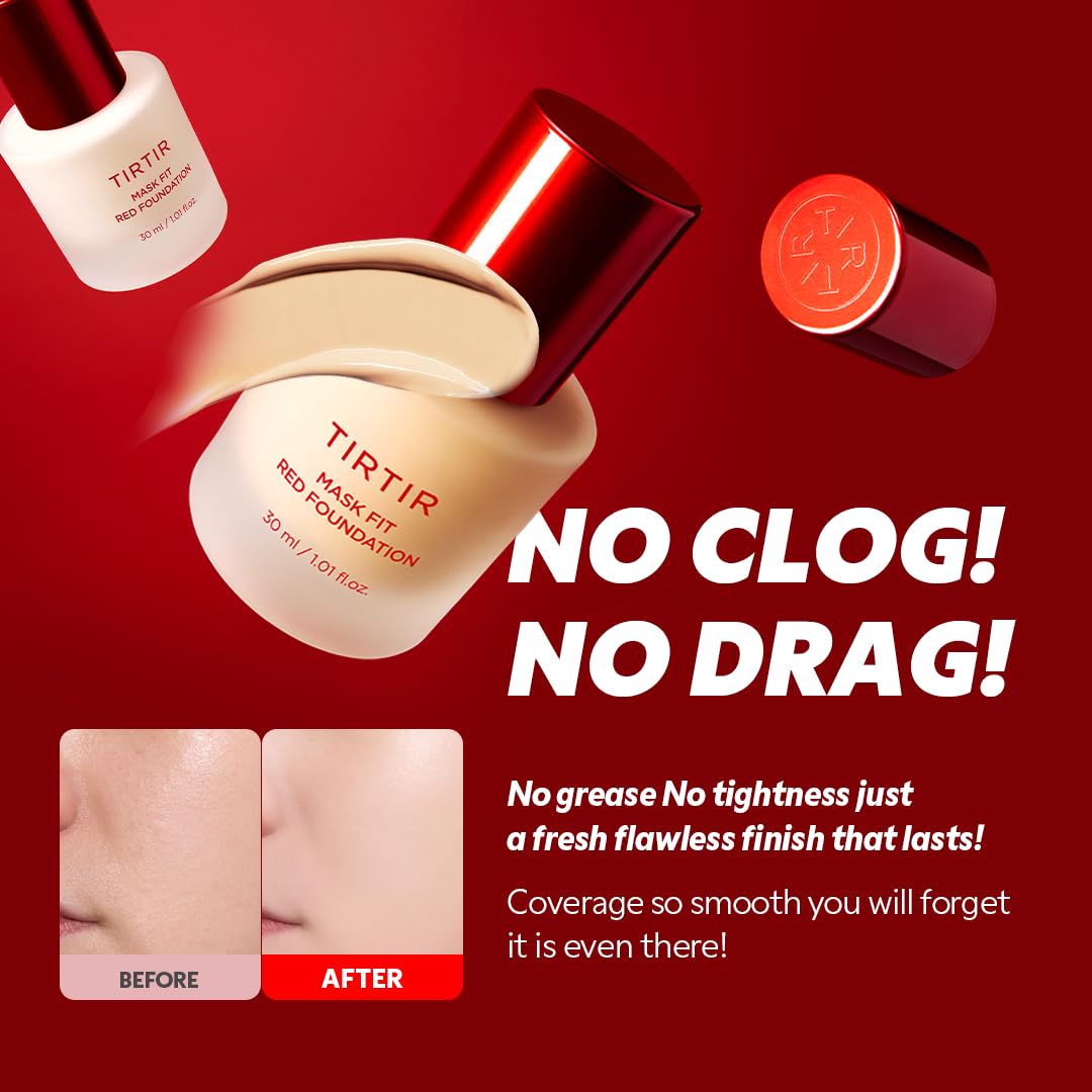 TIRTIR Mask Fit Red FoundationㅣLong Lasting Flawless Coverage, Energy Essence, Lightweight, Hydrating, Pore-Blurring, Breathable Satin Finish, Makeup, Radiant Skin, #25N Mocha, 1.01 Fl Oz