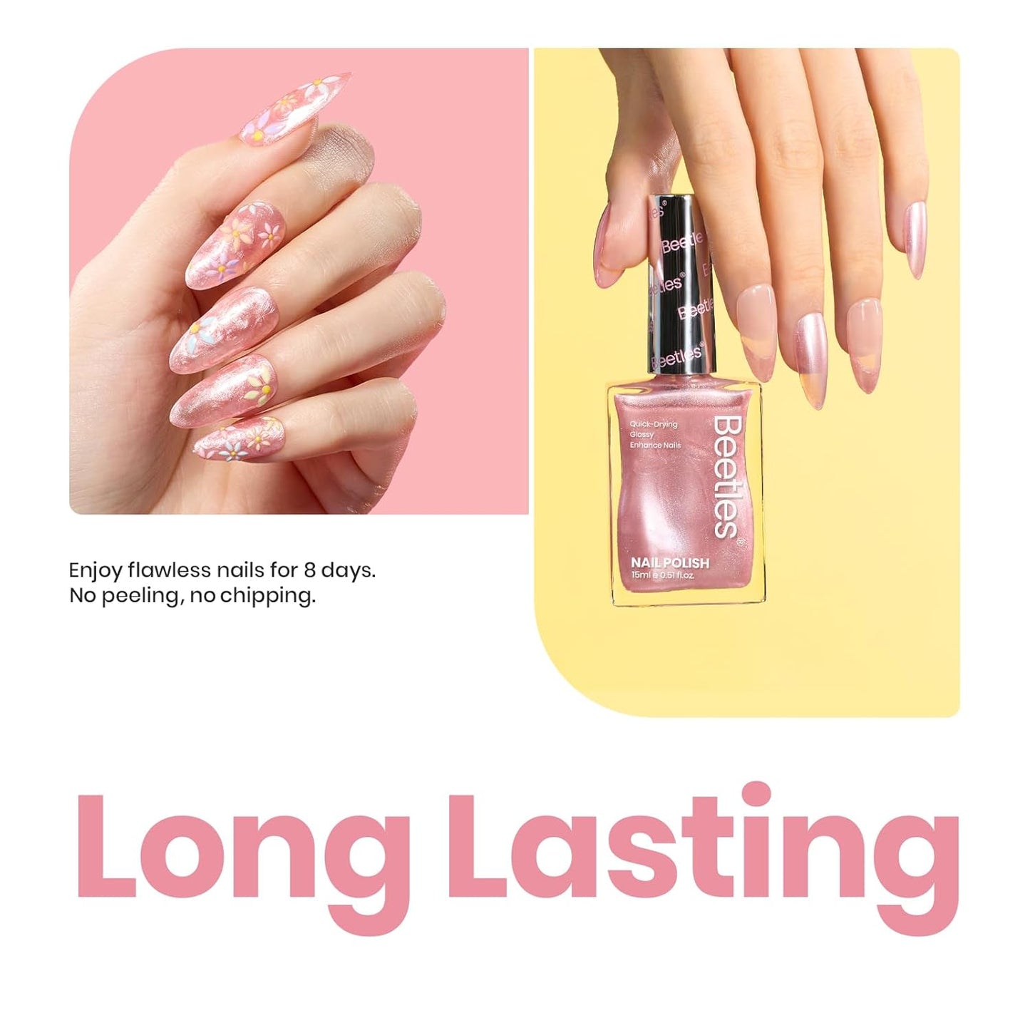 Beetles Pink Nail Polish - 15ML Quick Dry Nail Polish Romantic Reverie Pink Rose Pearl Nail Lacquer Shimmer Fingernail Polish Art Effect for Nail Salon-Quality