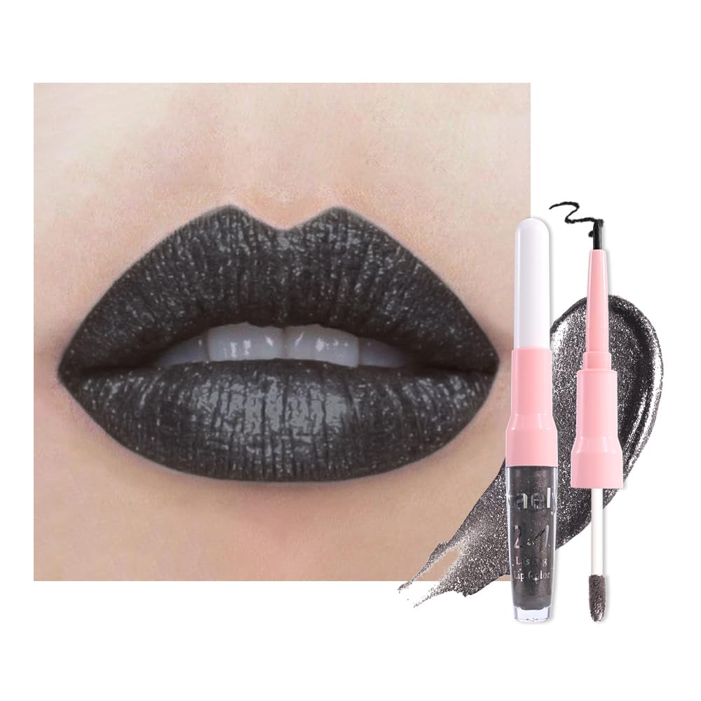 evpct Black Metallic Glitter Lip Liner and Lipstick Combo Lip Gloss Stain Set Makeup for Women Long Lasting Waterproof 24, Goth Gothic Halloween Metallic Shimmer Frosted Iridescent Liquid Lipstick 17