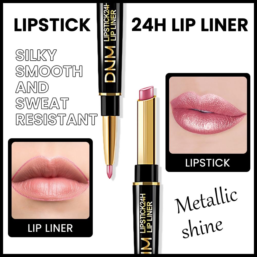 Kaely 2-in-1 Light Pink Pale-Pink Metallic Shine Shimmer Lip Liner & Lipstick Combo Set Kit for Women, Lightweight Hydrating Formula High Impact Full Coverage Lipstick and Lip Liner Makeup Gloss 16