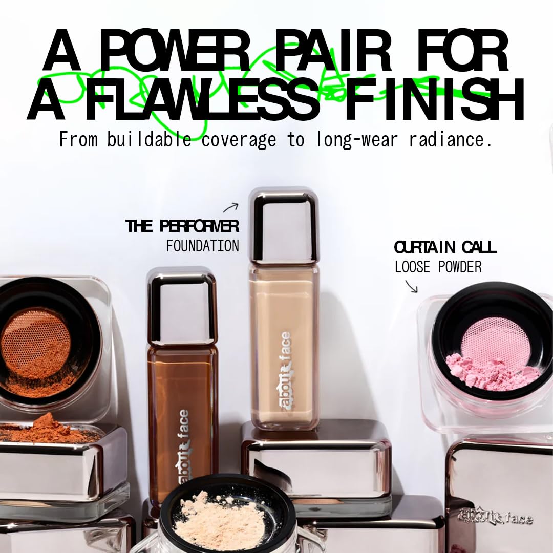 about-face Curtain Call Set & Smooth Loose Powder Finale – Lightweight, Oil-Absorbing Setting Powder with Rice Starch & Corn-Based Talc Alternative – Vegan, Cruelty-Free – 0.35oz (Pink Brightener)
