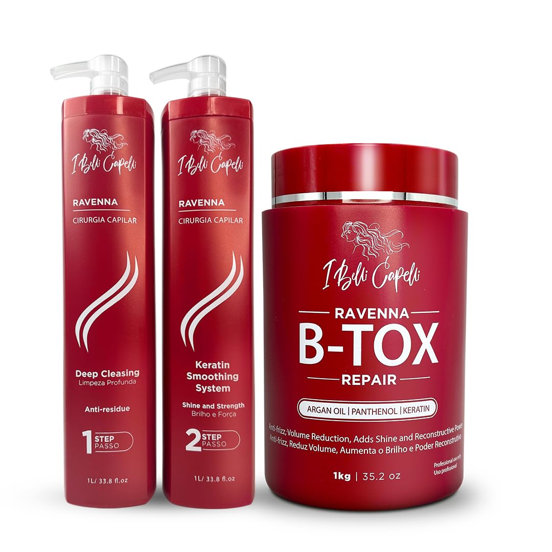 Ravenna Professional Keratin Hair B-tox -Cirugia Capilar para el Cabello, Smoothing, B-tox Hair Treatment, Celulas Madres Para el Cabello-Straightener System 3x1L 105.8oz