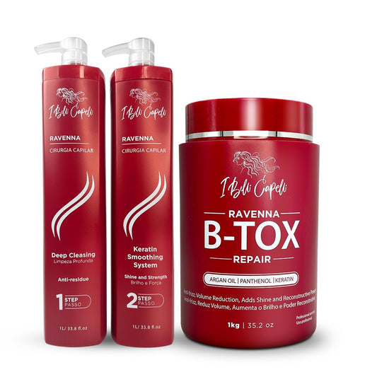 Ravenna Professional Keratin Hair B-tox -Cirugia Capilar para el Cabello, Smoothing, B-tox Hair Treatment, Celulas Madres Para el Cabello-Straightener System 3x1L 105.8oz