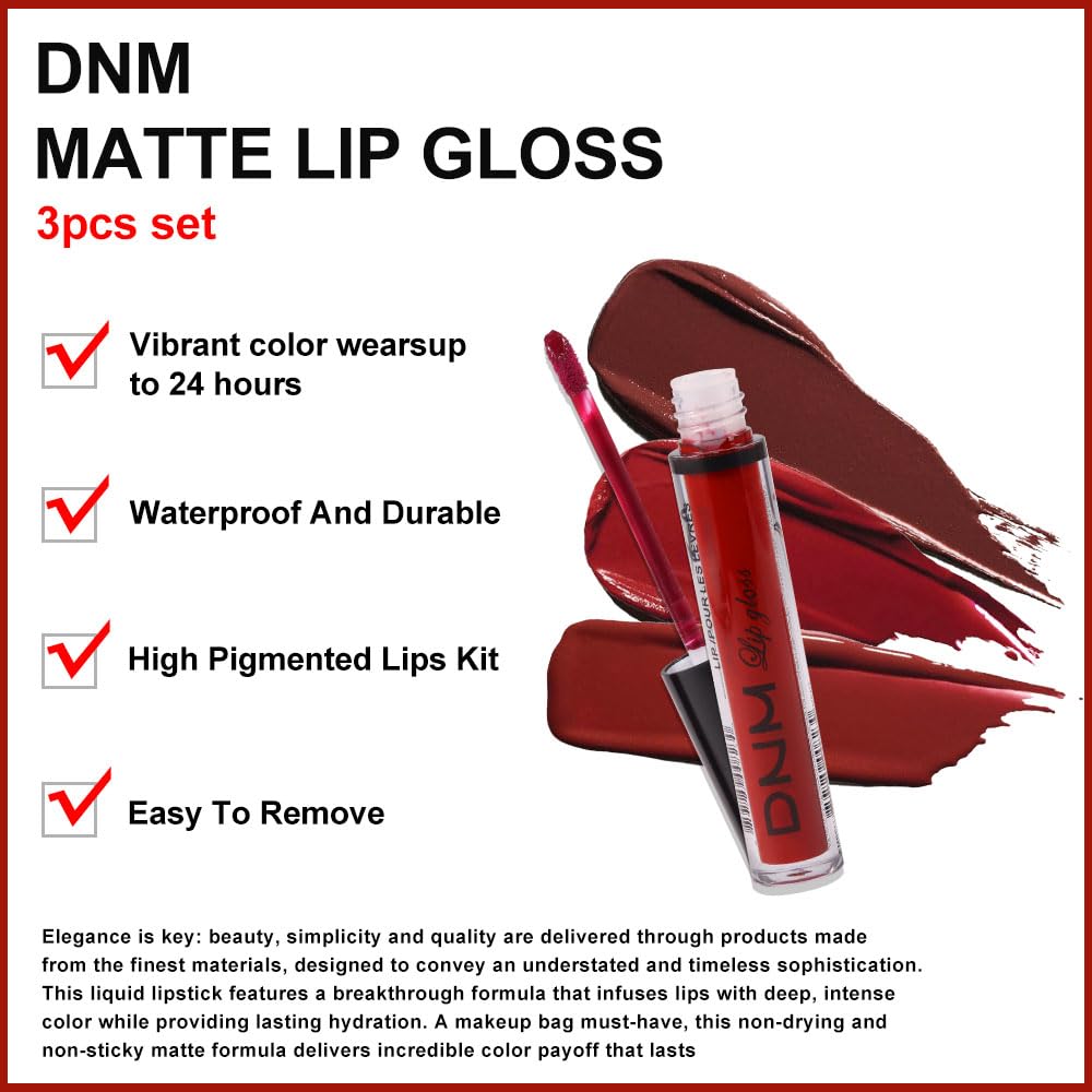 evpct 3Pcs Dark Deep Ruby Light Rose red Brown red Matte Liquid Lipstick Sets for Women 24-hour Matte+Lipstick Lipsticks Lip Stain Gloss Long Lasting 24 Smudge Waterproof