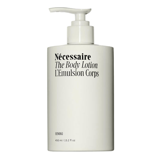 Nécessaire The Body Lotion with Pump. Hinoki. Multi-Peptide Firming Lotion to Moisturize, Firm, Strengthen. 2.5% Niacinamide, Vitamin C/E + Omega 6/9. 450ml / 15.2 fl oz