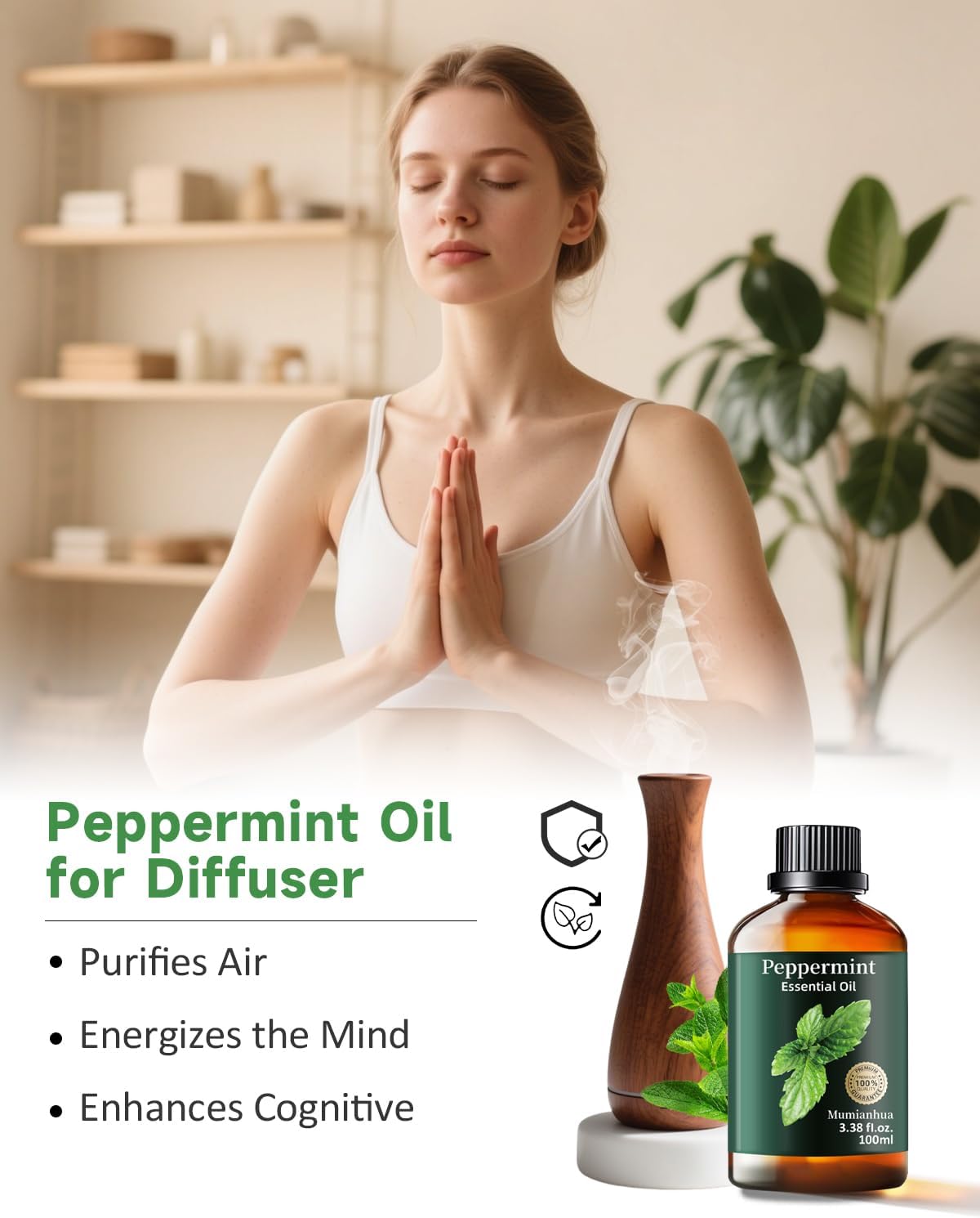 Peppermint Essential Oil Pure, Mumianhua Natural Peppermint Oil for Diffuser, Aromatherapy, Skin, Hair,SPA, DIY, Soap Making,Cleaning 3.38 Fl Oz