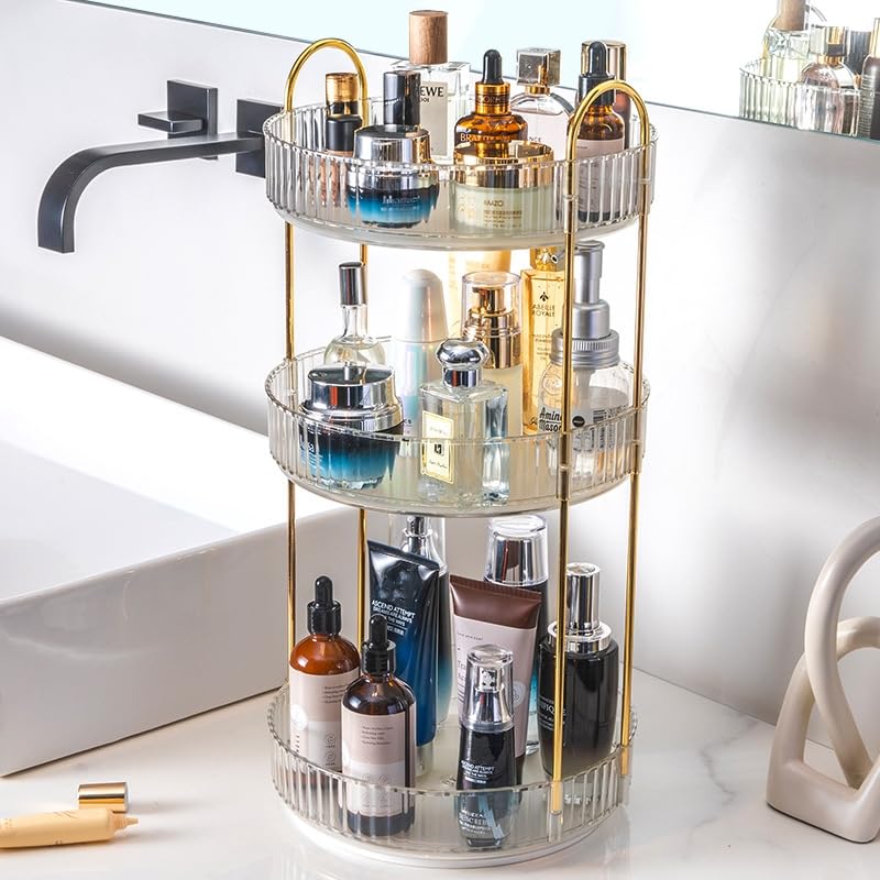 Vanity Organizer - 360 Rotating Countertop, High-Capacity Skincare & Cosmetics Organizer (3 Tiers, Clear)
