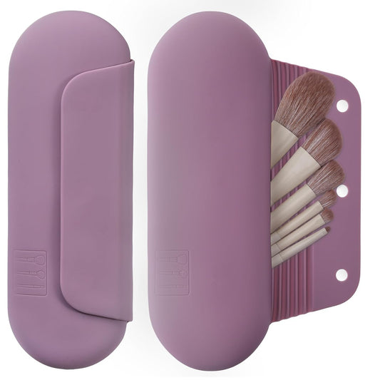 Silicone Makeup Brush Holder Travel Cosmetic Bag：Soft Portable Cosmetic Face Brushes Holder with Upgrade Anti-Fall Out Magnetic Closure, Large Travel Makeup Brush Case - Light Purple