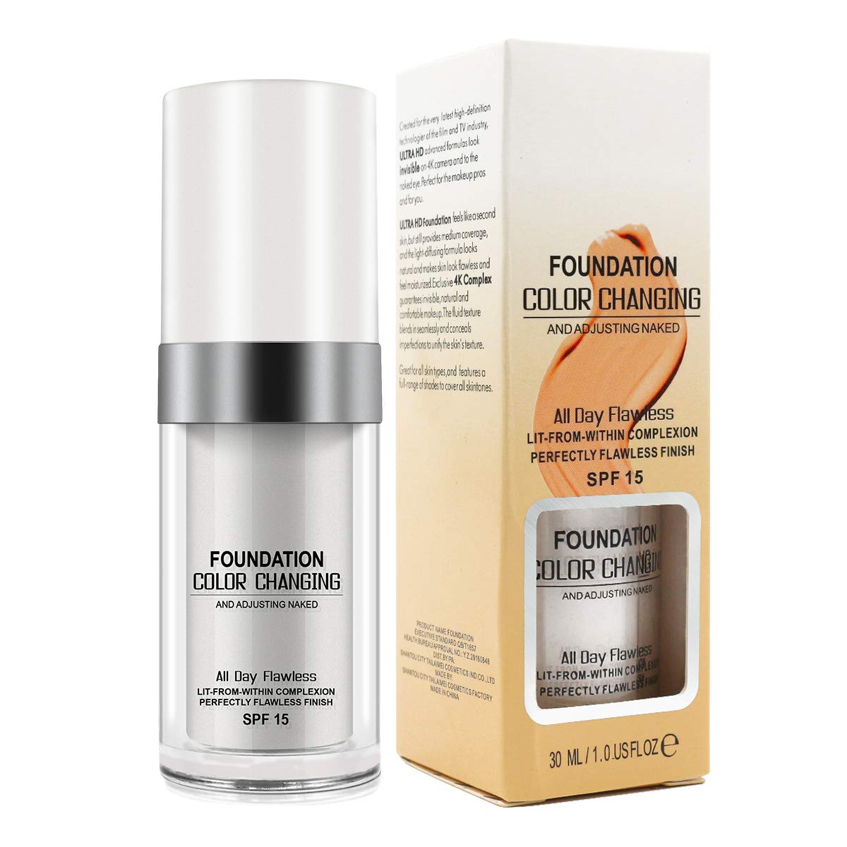 30ML Flawless Colour Changing Warm Skin Tone Foundation,Naturally Blends Moisturizing foundation makeup,Long Lasting Waterproof Poreless Liquid Foundation SPF 15 for Face Makeup