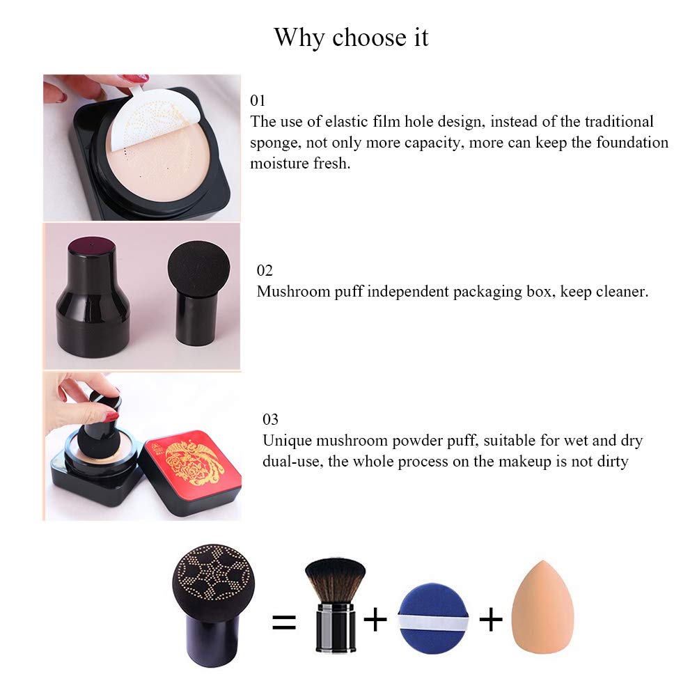 Mushroomhead Air Cushion CC Cream Flawless Foundation Natural BB Full Coverage Blemishes Long Lasting Waterproof,Multi-Function Beauty With Brush (
