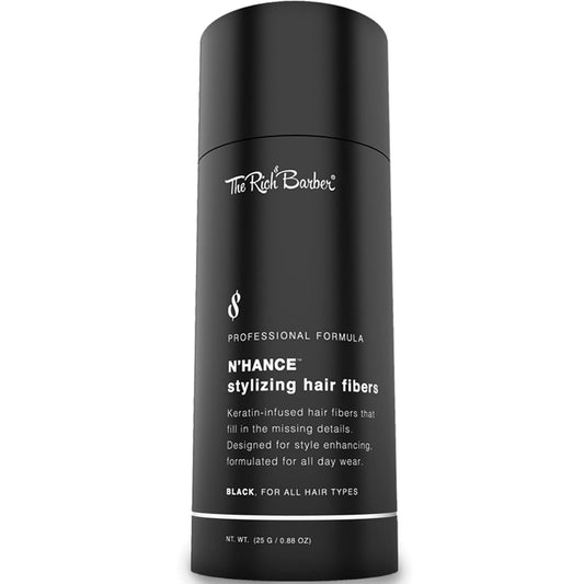 The Rich Barber N’Hance Hair Building Fibers, 3 Month Supply - Barber Hair Thickening Fibers, 25 grams - Grey Hair Concealer Spray - Sharper Hairlines, Thicker Beard & Fuller Hairstyling (Dark Brown)