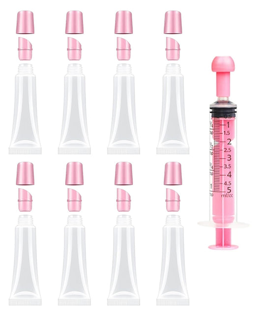 8PCS Empty Lip Gloss Tubes - 10ml Clear Lip Balm Tubes with 5ml Syringes - Refillable Squeeze Tubes for Lip Gloss - Mini Cosmetic Soft Tubes for DIY Lip Gloss and Travel Toiletries
