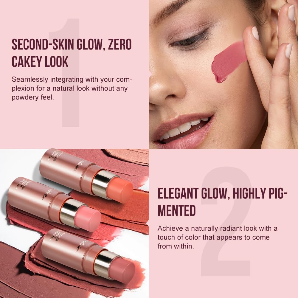 Multi-Use Makeup Cream Blush Stick, Unidollss 3-in-1 Buildable Powder Blush Stick for Cheeks, Eyes, and Lips, Hydrating formula, All day wear, Easy Application with Thumb Puff Included (01 WHISPER)