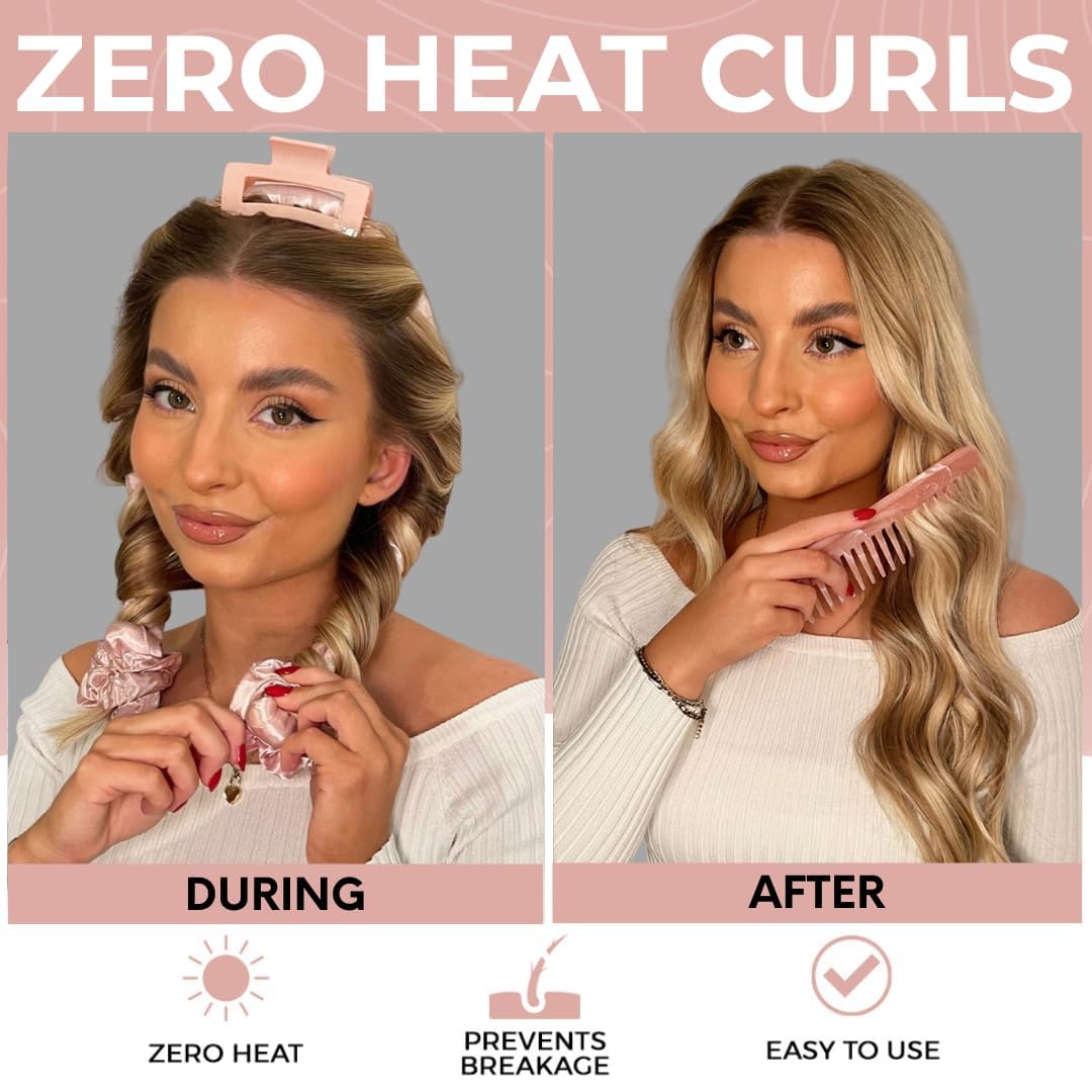 Rose Gold Hair Brush Set with Detangler and Swirl Print Heatless Curling Kit – Complete Hair Care Bundle for Smooth Styling and Effortless Heat-Free Curls