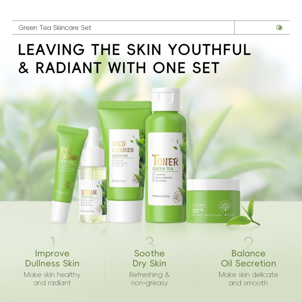 Skin Care Set, Green Tea Skin Care Sets & Kits, Skin Care for Teenage Girls Gift Set with Cleanser, Toner, Serum, Eye Cream, Facial Cream, Facial Skin Care Sets & Kits for Teenage Girls Women