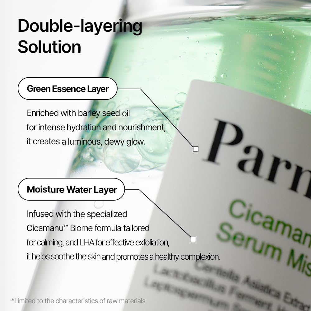 Parnell Cicamanu Serum Mist - Centella Asiatica, Hyaluronic Acid, Ceramide, LHA, Balancing Oil, Moisturizing and Soothing for Radiant Skin (1.69 Fl Oz / 50ml)