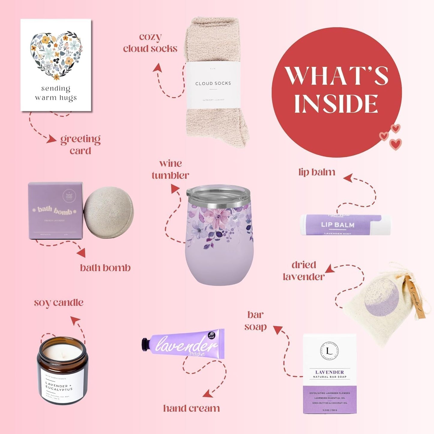 Unboxme Lavender Spa Gift Set - Relaxation Gifts For Women - Get Well Soon Gift Basket with Scented Candle, Bath Bomb, Soap ("Sending Hugs" Greeting Card, Luxury Lavender Collection)