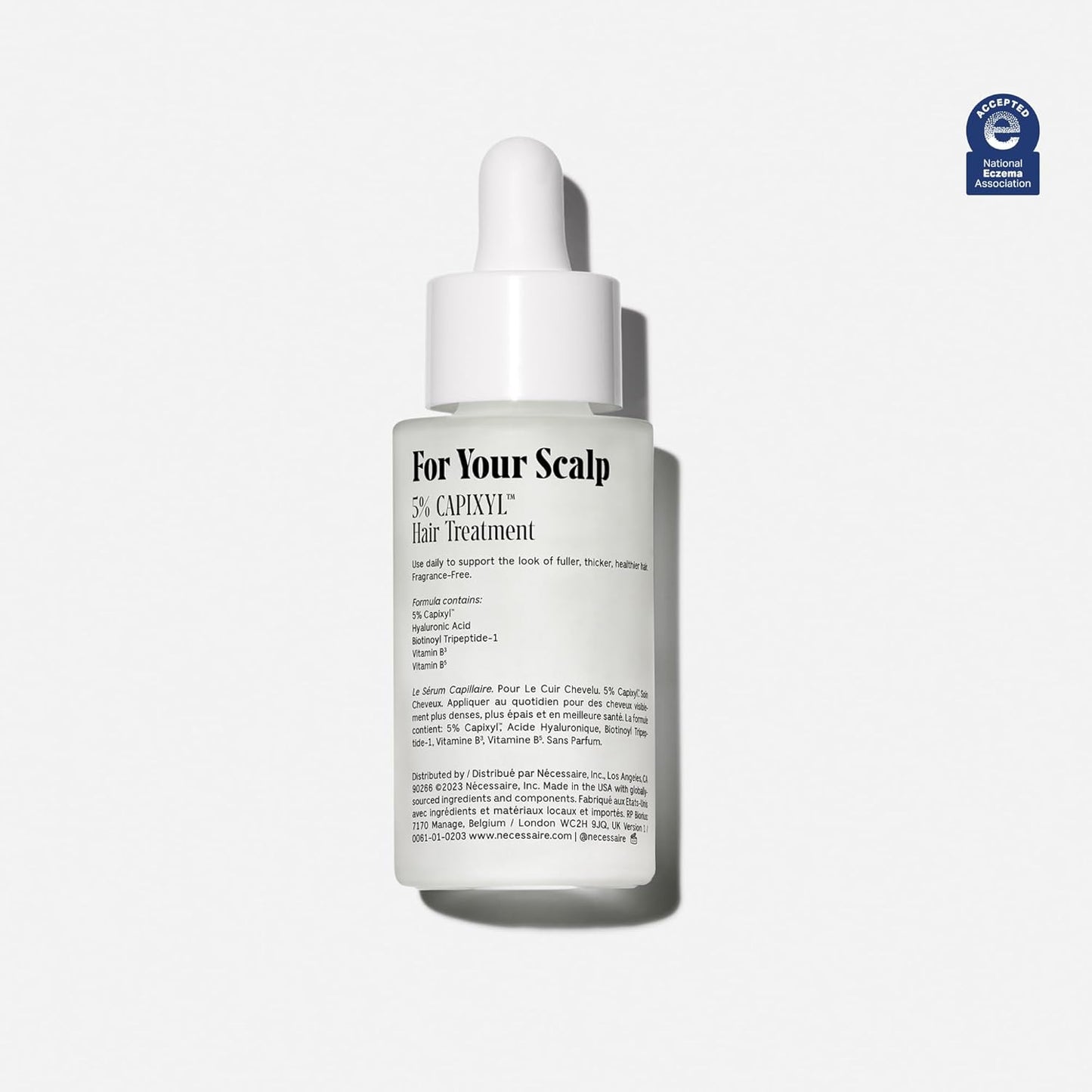 Nécessaire The Scalp Serum. 5% Capixyl™ + 1% Hyaluronic Acid For Fuller, Thicker, Healthier Hair. Fragrance-Free. Approved by the National Eczema Association. 1 fl oz