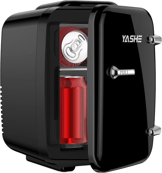 YASHE Mini Fridge, 4 Liter/6 Cans Small Refrigerator for Skincare, 110V AC/ 12V DC Thermoelectric Cooler and Warmer for Bedroom, Office, Dorm, Car, Black