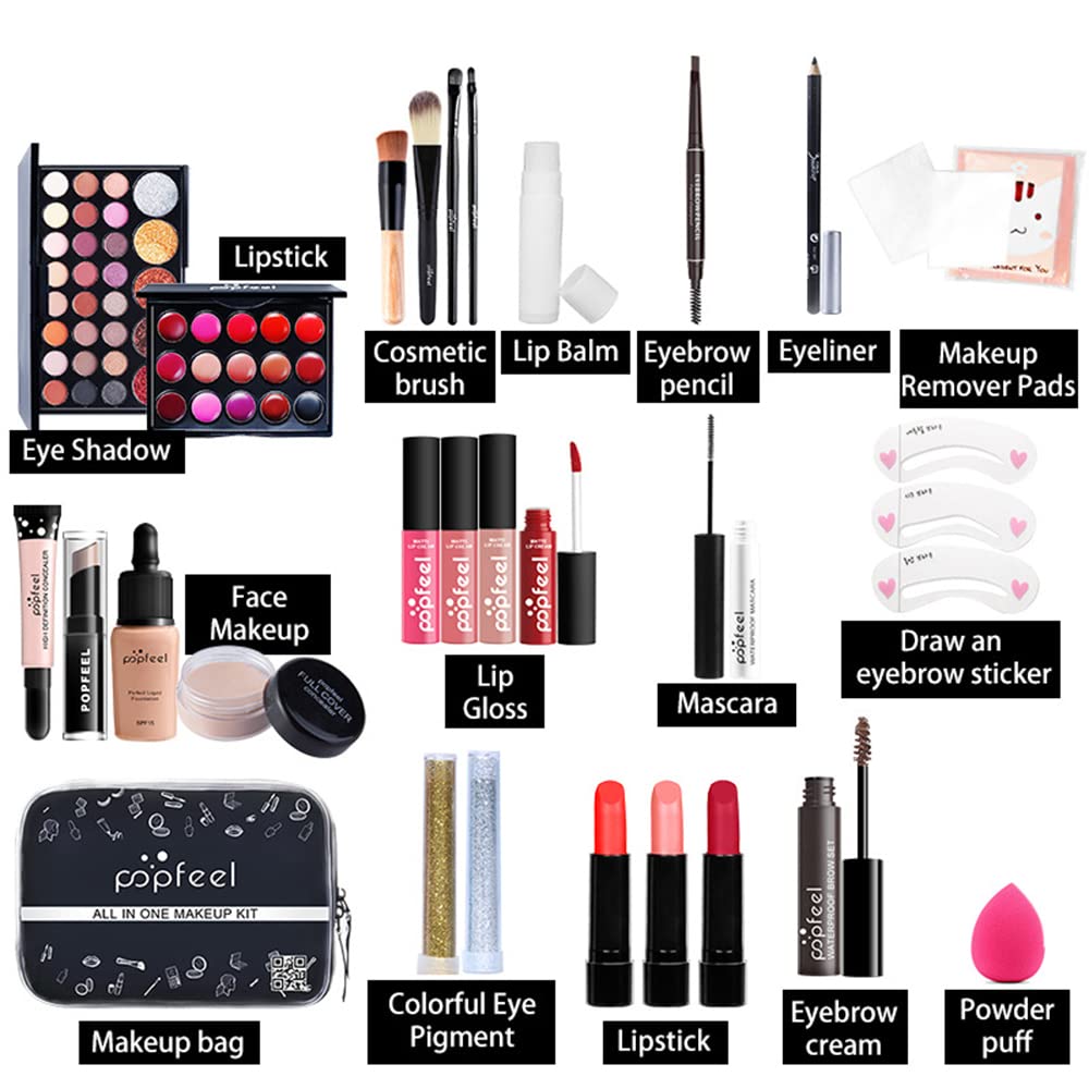 All In One Makeup Kit for Women Full Gift Surprise Makeup Set Includes Makeup Brush Set Eyeshadow Palette, Lip Gloss Set, Liquid Lipstick, Makeup Sponge, Foundation, Concealer, Eyebrow Pencil, Blush and etc (KIT004)