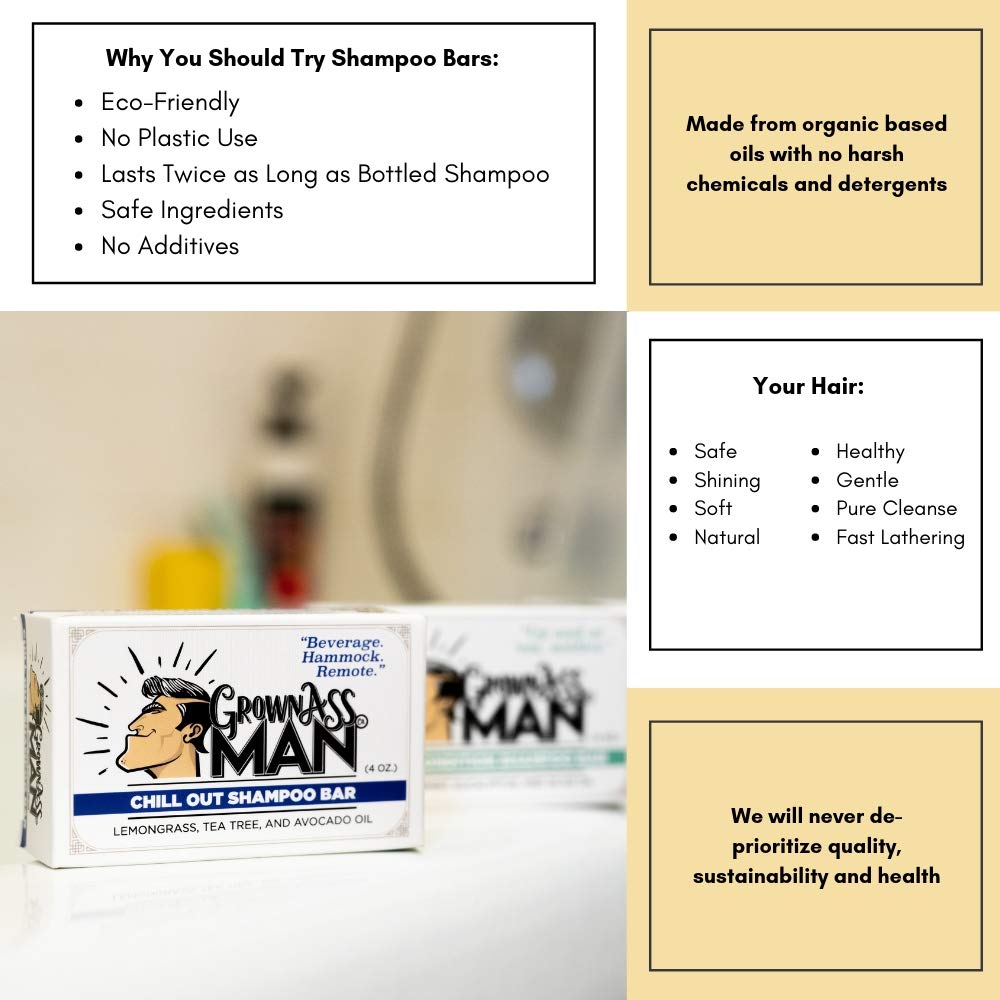 Solid Shampoo Bar Rich Lather 3 in 1: Hair, Beard & Body Wash - Plastic Free & Eco-Friendly, Natural & Organic Clean for All Hair Types, 4oz Bar (Chill Out, Single)