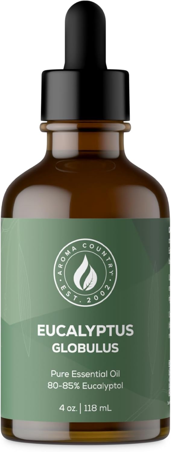 Aroma Country 100% Pure Eucalyptus Essential Oil – Organic & Undiluted Diffuser Oil, Humidifier, Steam Room & Shower Aromatherapy – Natural, Therapeutic Grade Oil for Skin, Sauna, & Home (4 Fl. oz)
