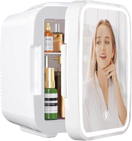 YASHE Skincare Fridge Mini Fridge for Bedroom with Dimmable LED Mirror, 4Liter/6 Cans Cooler and Warmer for Makeup, Cosmetic, Beauty, Portable Refrigerator for Bedroom, Vanity, Office and Car- White