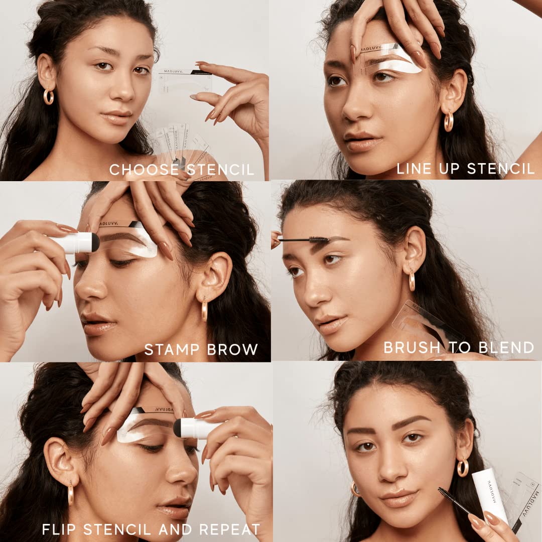 MADLUVV Brow Stamp Kit with Brow Stencils – Easy Eyebrow Shaper for Natural-Looking Brows – Popular Eyebrow Stencil Kit Used by Professionals – 9 Shapes, Spoolie, Travel Bag & Stamp (Soft Brown)