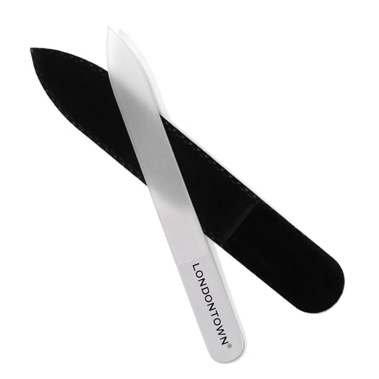 LONDONTOWN Clear Double-Sided Glass Nail File & Care Tool, Professional Grit Etched Crystal Manicure Accessory with Case Pouch