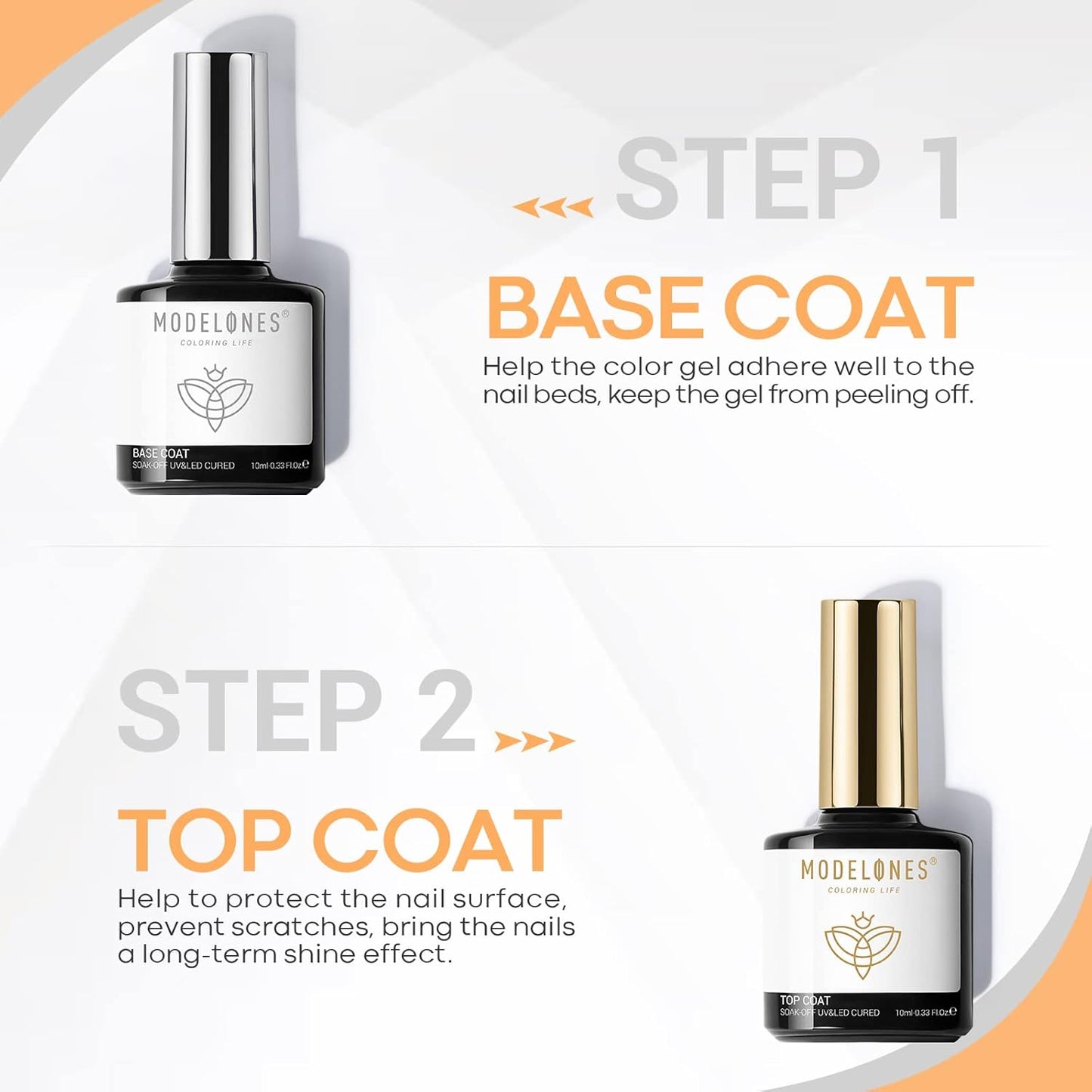modelones Gel Top Coat and Base Coat, 2 Pcs No Wipe Clear Base and Top Coat Set for Gel Nail Polish Soak Off Long Lasting Upgraded Shiny DIY Manicure Gift for Women 10 ml