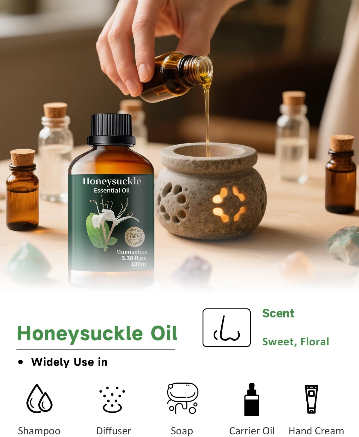Mumianhua 100% Pure Honeysuckle Essential Oil - Therapeutic Grade Natural Honeysuckle Oil for Large Room Humidifier, Bedroom & Laundry | Floral for Diffuser, Skin & Candle,Perfume Crafts 3.38 Fl Oz