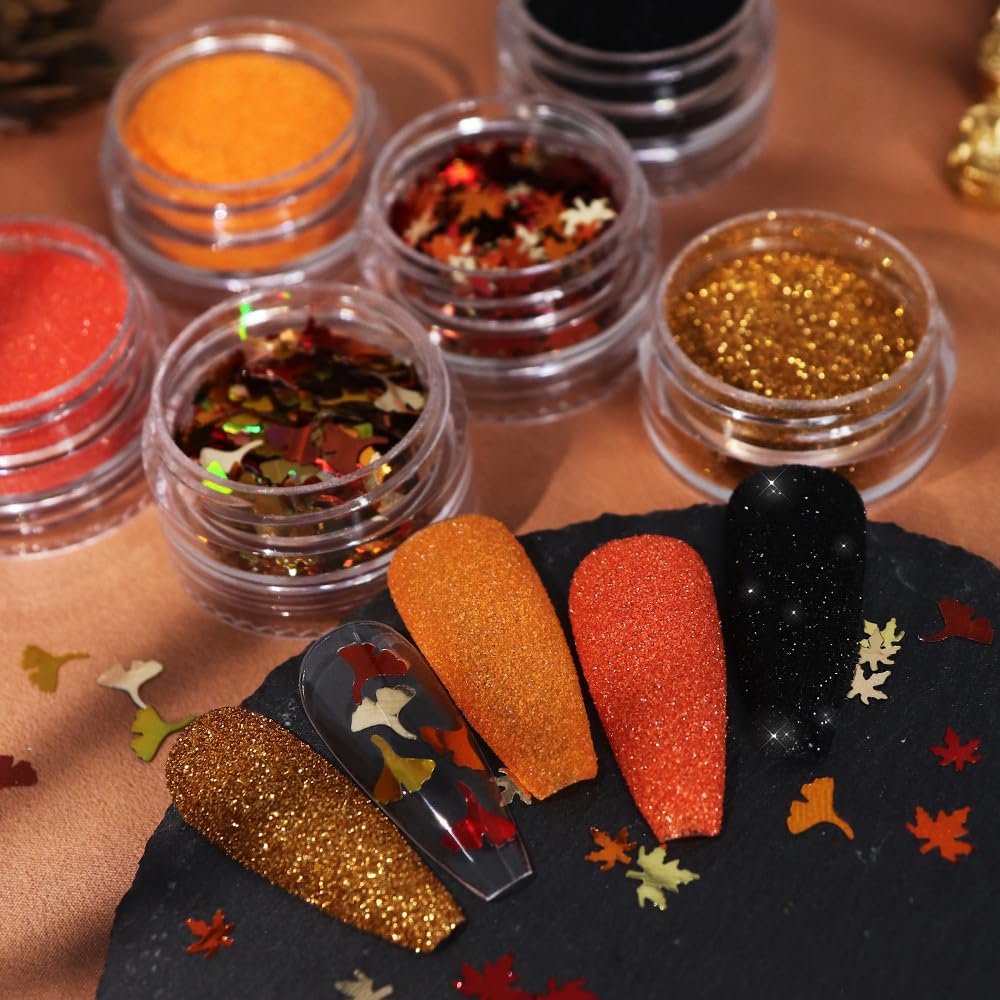 Fall Nail Art Glitters Maple Leaf Nail Sequins Autumn Maple Leaves Nail Decoration Accessories 3D Maple Leaf Nail Decals Professional Fall Nail Designs for Women Manicure DIY 6 Jars