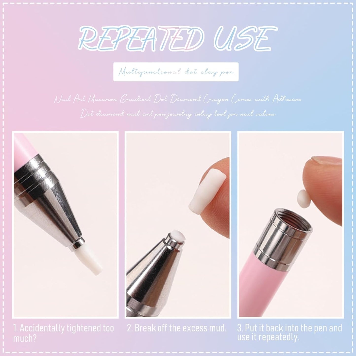 WOKOTO 1 PCS Nail Art Rhinestone Picker Pens With 1 Box Spare Silicone Clay Tool Blue Pink Gradient Rotating Push Nail Diamond Art Painting Dotting Pen Refillable Wax Pen For Nails Gems Picker Tool