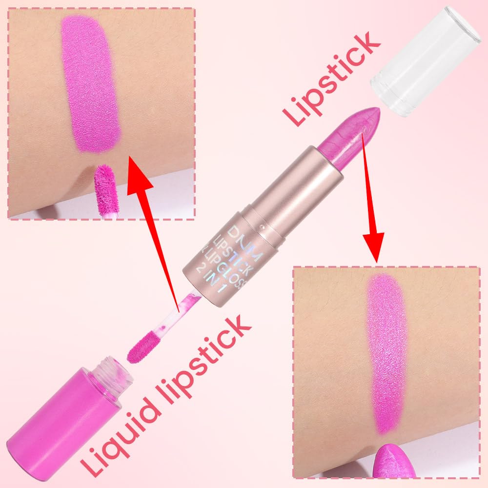 evpct 2 in 1 Hot Pink Glitter Metallic Shimmer Diamond Lipstick and Lip Gloss Set for Women Long Lasting Waterproof, Rose Pink Sparkle Glitter Shiny Lipstick and Lip Liner Makeup Set, 04#