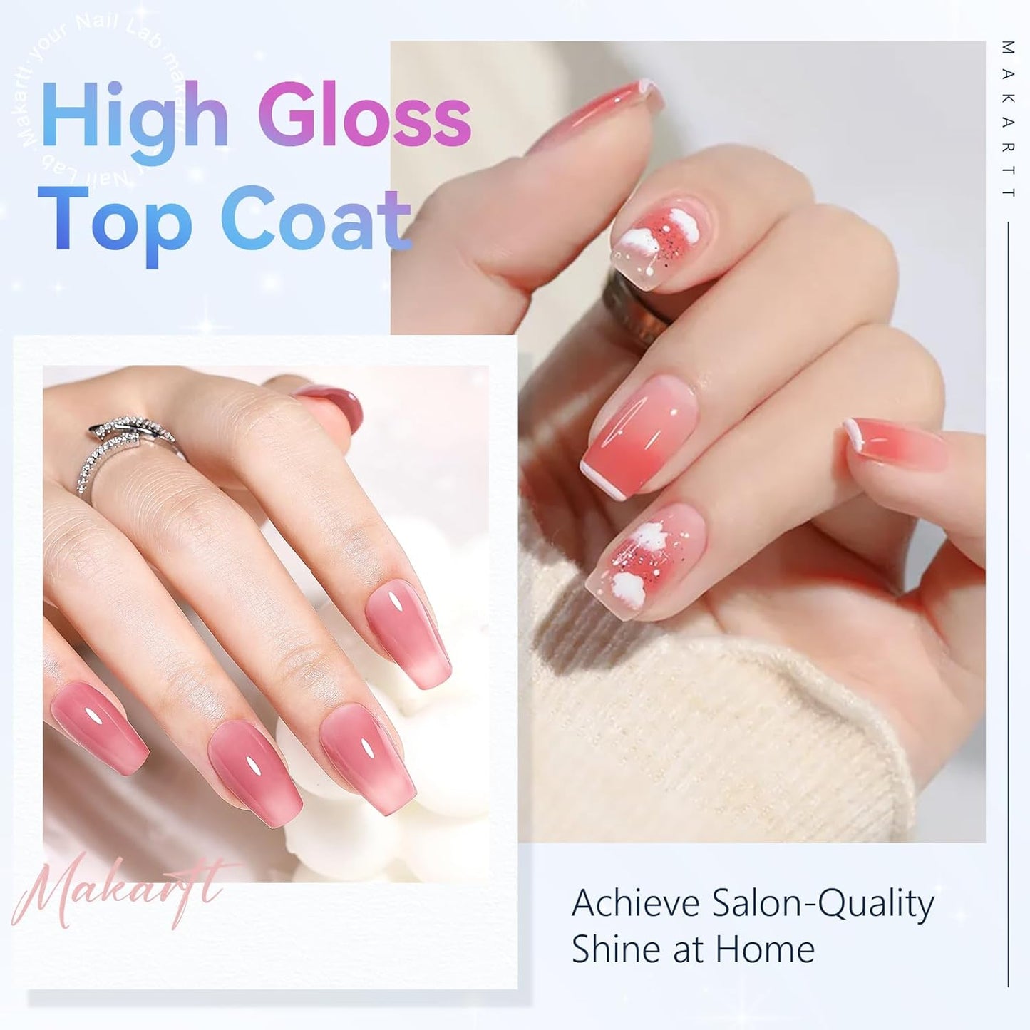 Makartt Gel Top Coat - 2 PCS No Wipe Top Coat Gel Nail Polish High Glossy Shine Finish Long Lasting, 10ML Clear Soak Off UV Nail Lamp, Salon Quality Art Design for Home Use Beauty Gift