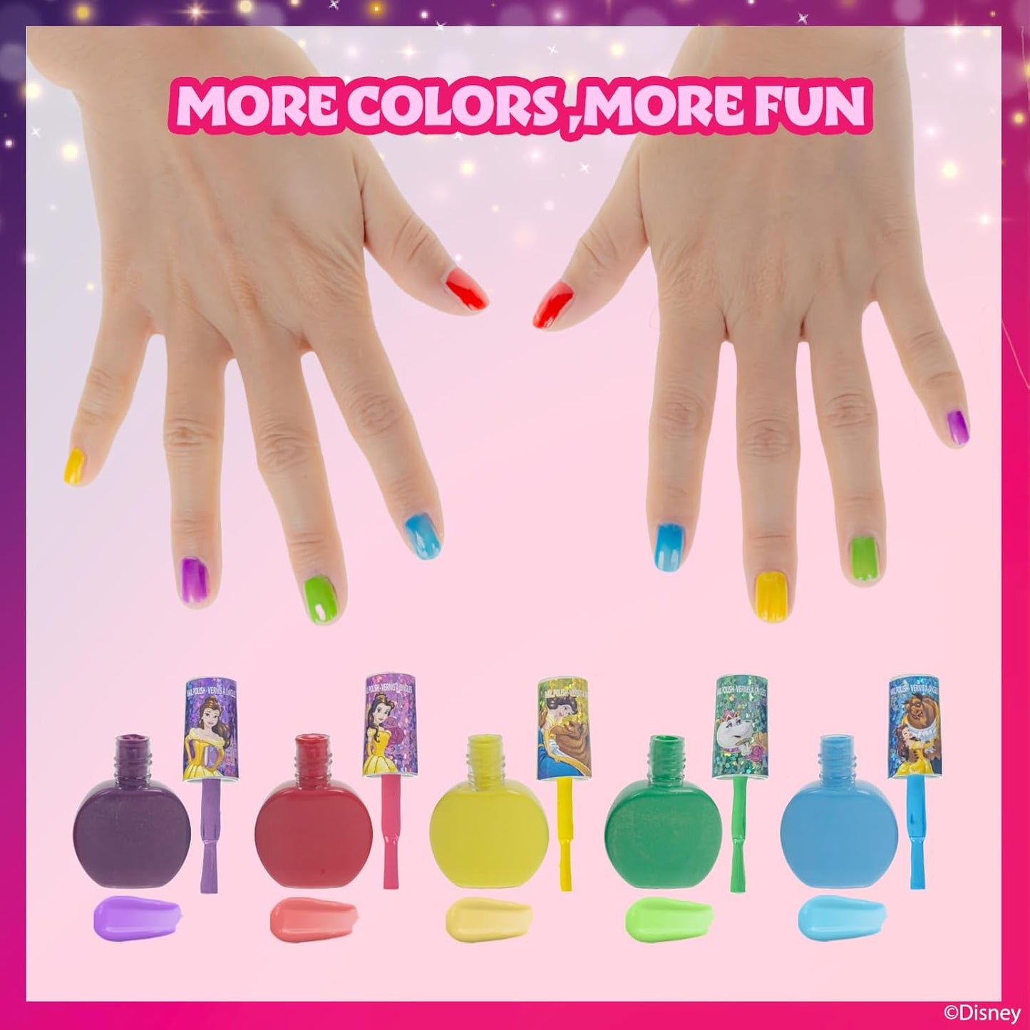 Townley Girl Disney Princess Belle 18 Piece Water-Based Nail Polish Set, Quick Dry and Peels-Off, Nail Paint Set for Girls, Perfect for Parties, Sleepovers and Makeovers, Ages 3