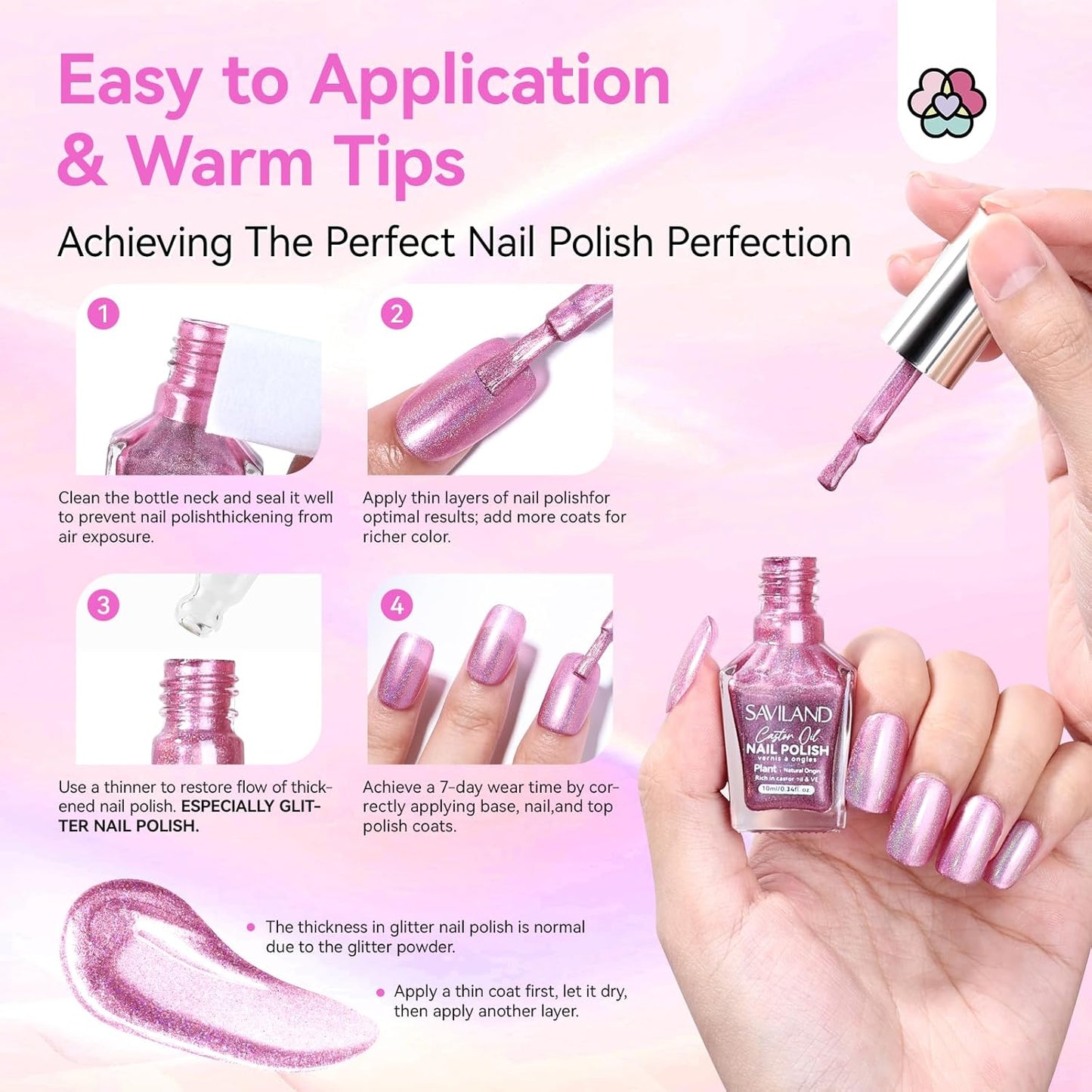 SAVILAND Holographic Nail Polish Pink: Metallic Chrome Nail Polish Air Dry Fast,10 ml/0.34 oz High Glossy Shimmer Glitter Nail Pigment Oil-based Fingernail Polish for Salon DIY Home for Women