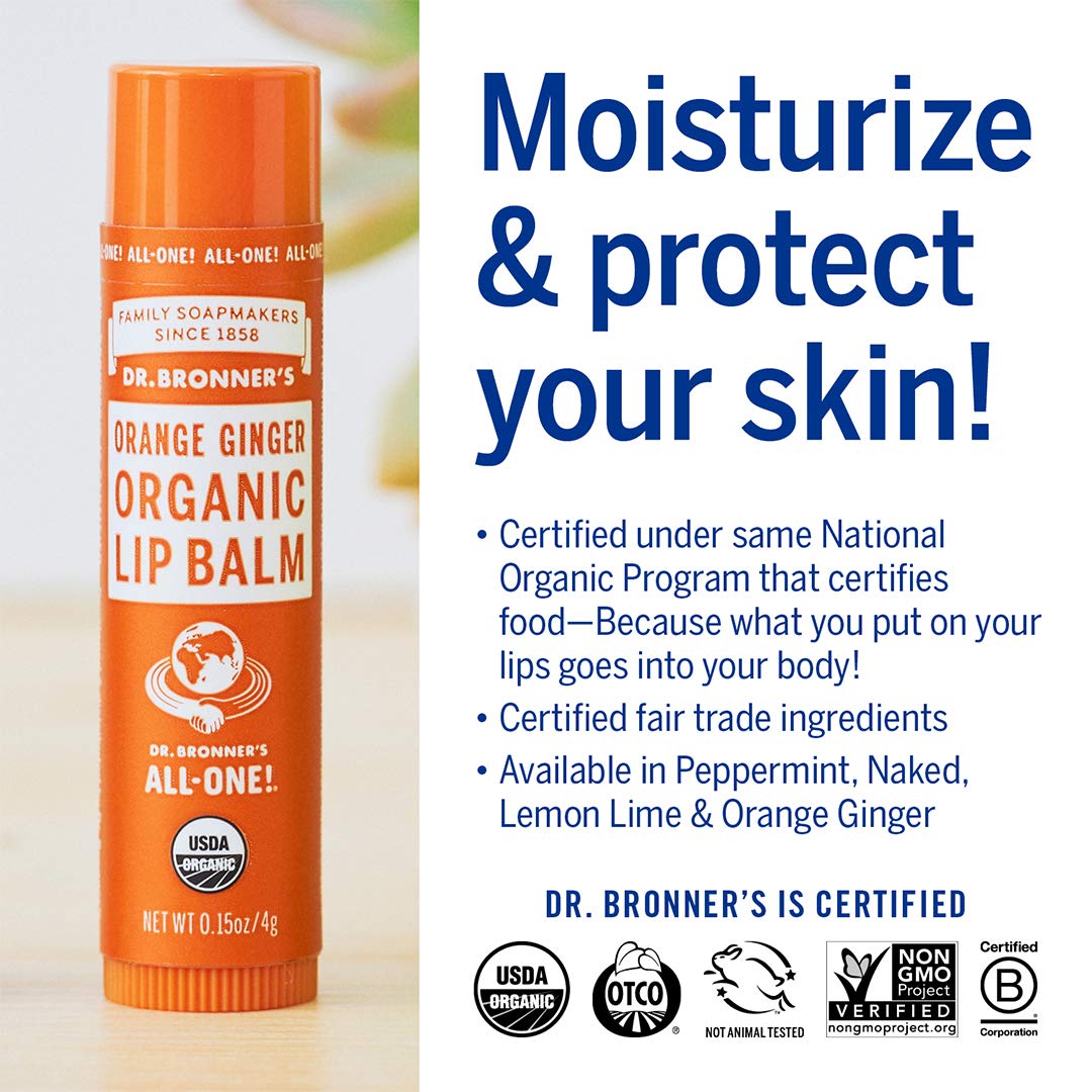 Dr. Bronner's - Organic Lip Balm Variety Peppermint, Orange Ginger, Naked, Lemon Lime) - Made with Organic Beeswax and Avocado Oil, For Dry Lips, Hands, Chin or Cheeks, 0.15 Ounce (Pack of 4)