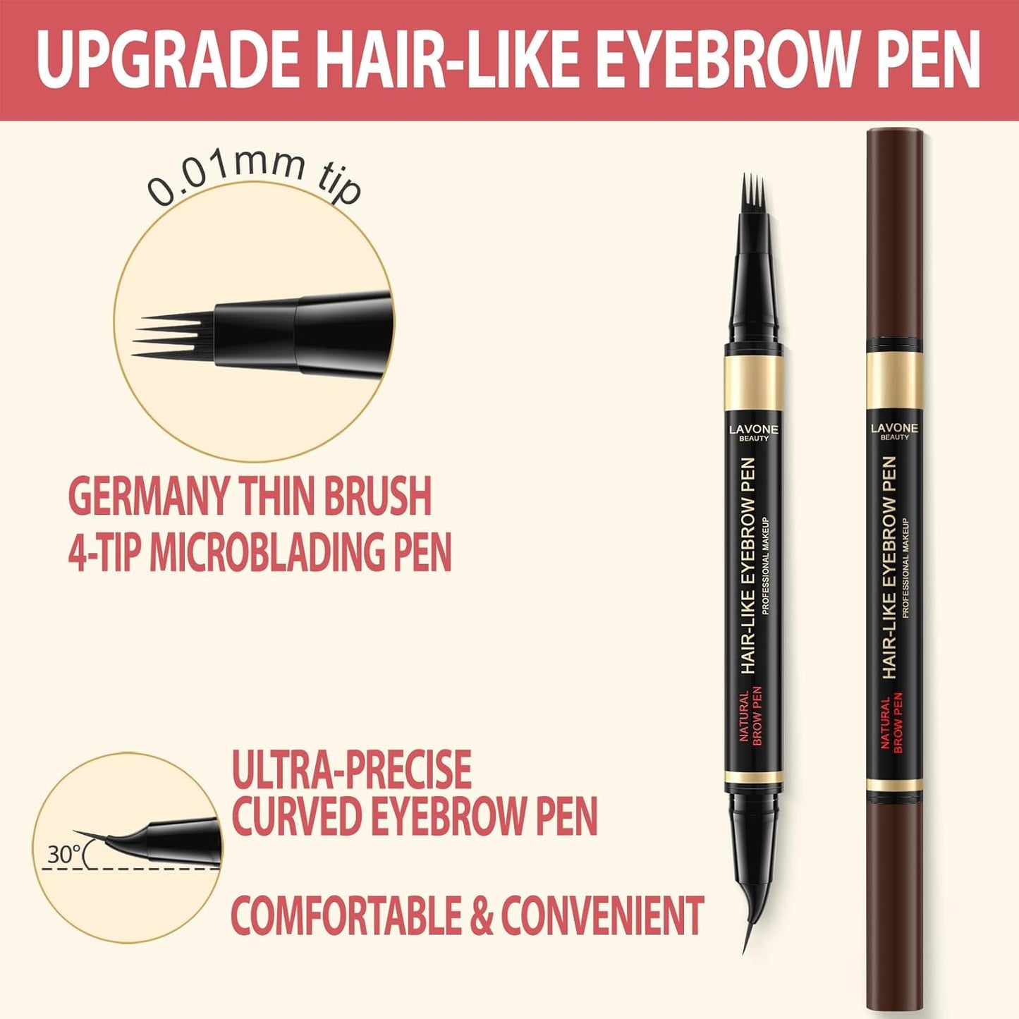 LAVONE Eyebrow Pen, 2-in-1 Eyebrow Pencils for Women with 4 Tip Microblading Eyebrow Pencil and Curved Precise Brow Pencil, Waterproof Eyebrow Pencil Create Full, Natural Hair-Like Brows, Medium Brown